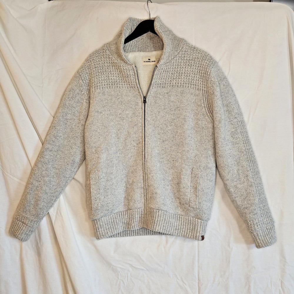 The Normal Brand Knit Wool Sherpa Lined Zip Up Sweater Jacket Stone Men's Small